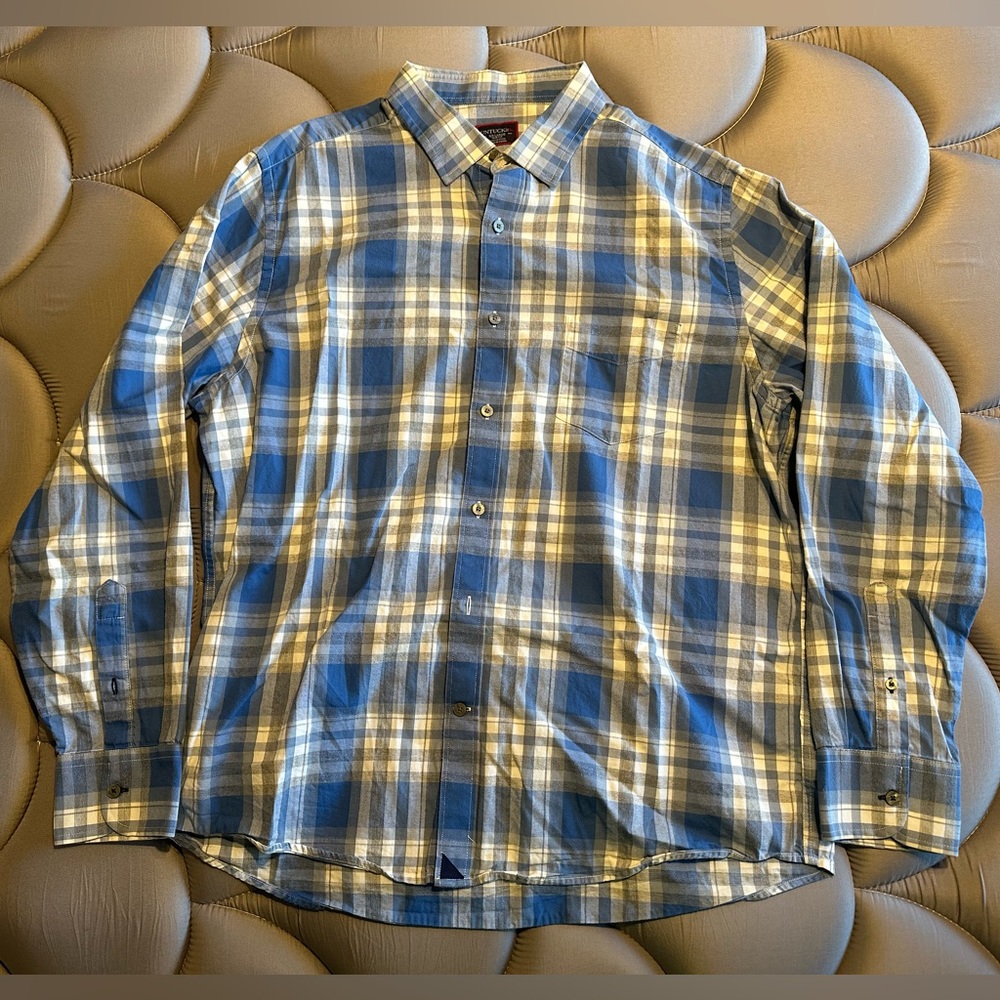 Navy Blue Checkered Untuckit Long Sleeve Shirt